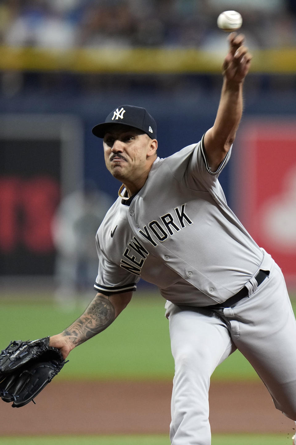 New York Yankees' Nestor Cortes pitches to the Tampa Bay Rays during the first inning of a baseball game Thursday, May 26, 2022, in St. Petersburg, Fla. (AP Photo/Chris O'Meara)