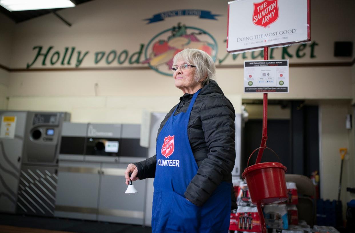 Sue Hilty, 80, of Bloomfield Hills, has volunteered for the first time to ring the bell for the annual Salvation Army Red Kettle Campaign on Dec. 14, 2022, at the Hollywood Market in Troy.