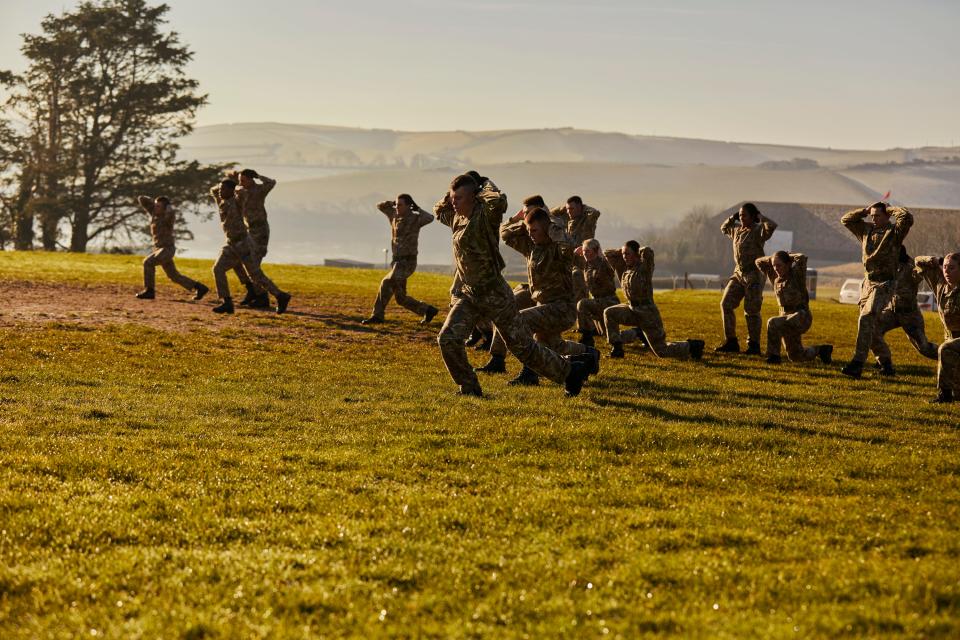 Stretcher run warm up at HMS Raleigh