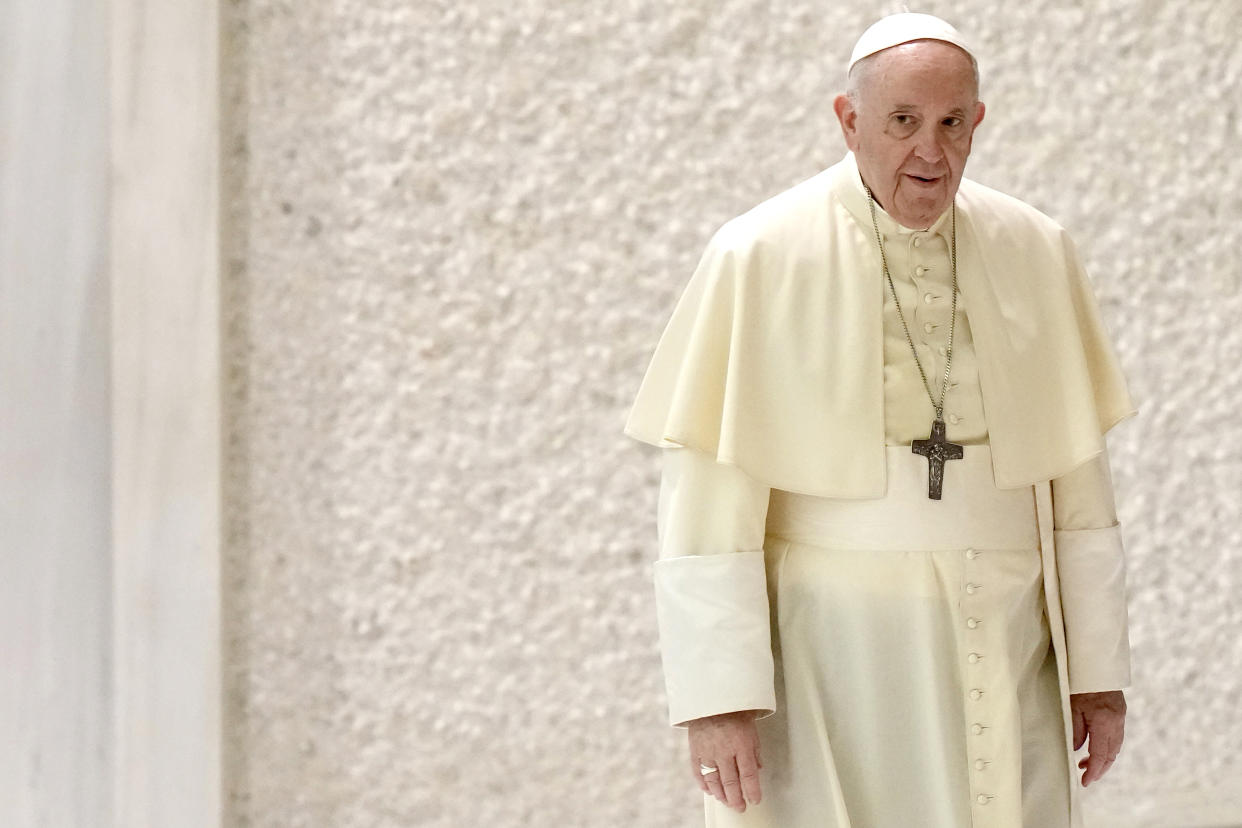 Pope Francis arrives for his weekly general audience in the Paul VI hall, at the Vatican, Wednesday, Sept. 1, 2021. (AP Photo/Andrew Medichini)