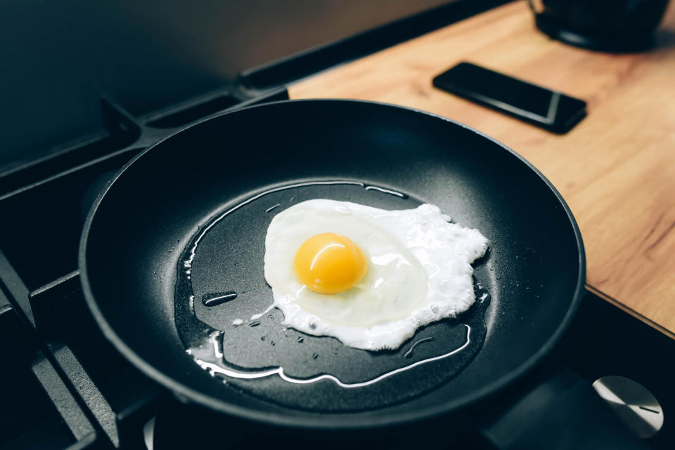 a fried egg in a cooking pan