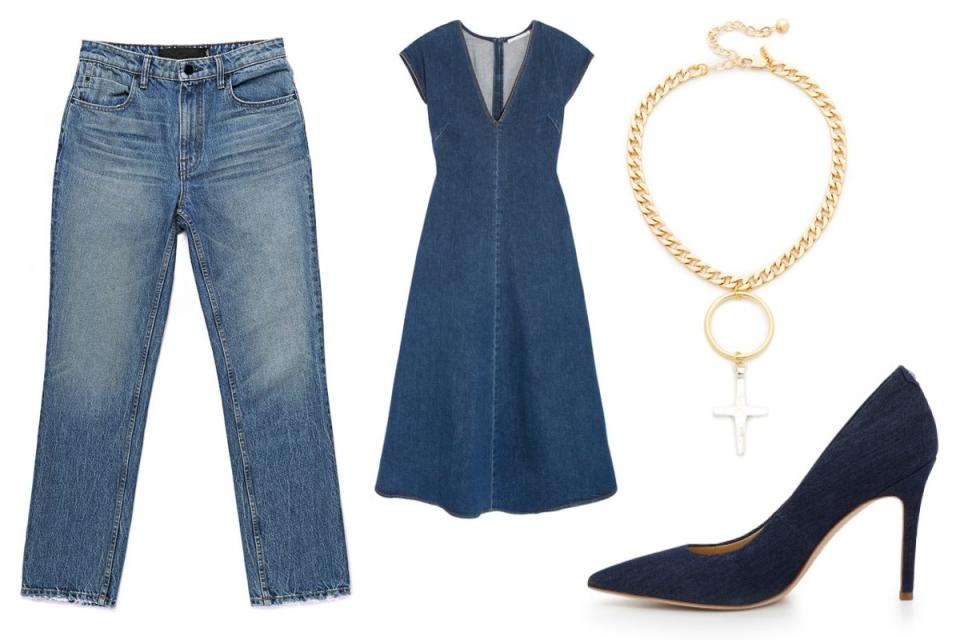 <p>Layer a dress over jeans for an unforgettable look.</p> <p><em>Alexander Wang Straight Leg Jean, $265. <a rel="nofollow noopener" href="https://www.alexanderwang.com/us/shop/women/denim-denim-cult-straight-leg-jean_cod13063337pc.html#dept=denim" target="_blank" data-ylk="slk:Alexanderwang.com;elm:context_link;itc:0;sec:content-canvas" class="link ">Alexanderwang.com</a>. Stella McCartney Midi Dress, $785. <a rel="nofollow noopener" href="https://www.net-a-porter.com/us/en/product/899670/Stella_McCartney/ella-stretch-denim-midi-dress" target="_blank" data-ylk="slk:Net-a-porter.com;elm:context_link;itc:0;sec:content-canvas" class="link ">Net-a-porter.com</a>. Sam Edelman Pointed Heel, $84. <a rel="nofollow noopener" href="http://www.samedelman.com/en-US/Product/EC0221454-3015547/Sam+Edelman/Navy+Denim/Hazel+Pointed+Toe+Heel.aspx?gclid=CjwKCAjwk4vMBRAgEiwA4ftLs-2A6iqfi0eK-fJzvOX4drMMJyT6dNLBvdSd7aqpcvthZs865uRGuxoCgVUQAvD_BwE" target="_blank" data-ylk="slk:Samedelman.com;elm:context_link;itc:0;sec:content-canvas" class="link ">Samedelman.com</a>. Vanessa Mooney Choker Necklace, $40. <a rel="nofollow noopener" href="https://www.shopbop.com/embar-choker-necklace-vanessa-mooney/vp/v=1/1507050422.htm?folderID=29747&fm=other-viewall&os=false&colorId=10907" target="_blank" data-ylk="slk:Shopbop.com;elm:context_link;itc:0;sec:content-canvas" class="link ">Shopbop.com</a>.</em></p>