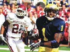 Michigan State\'s Braylon Edwards hauls in a touchdown pass as Indiana\'s Herana-Daze Jones gives chase during the Wolverines\' 31-17 win over IU Sept. 27. Indiana hosts Michigan Saturday. AP Photo.