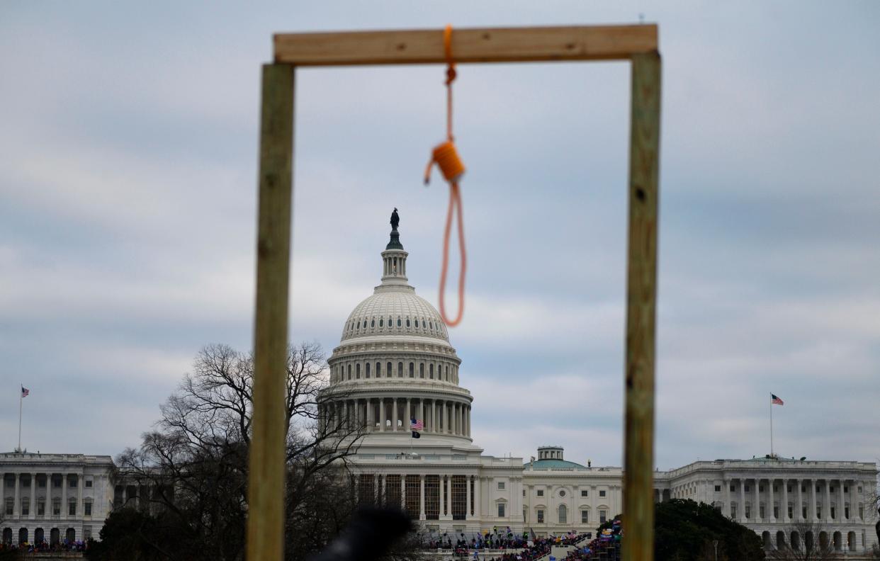 A noose on makeshift gallows during the Capitol attack on Jan. 6, 2020, in Washington, D.C.