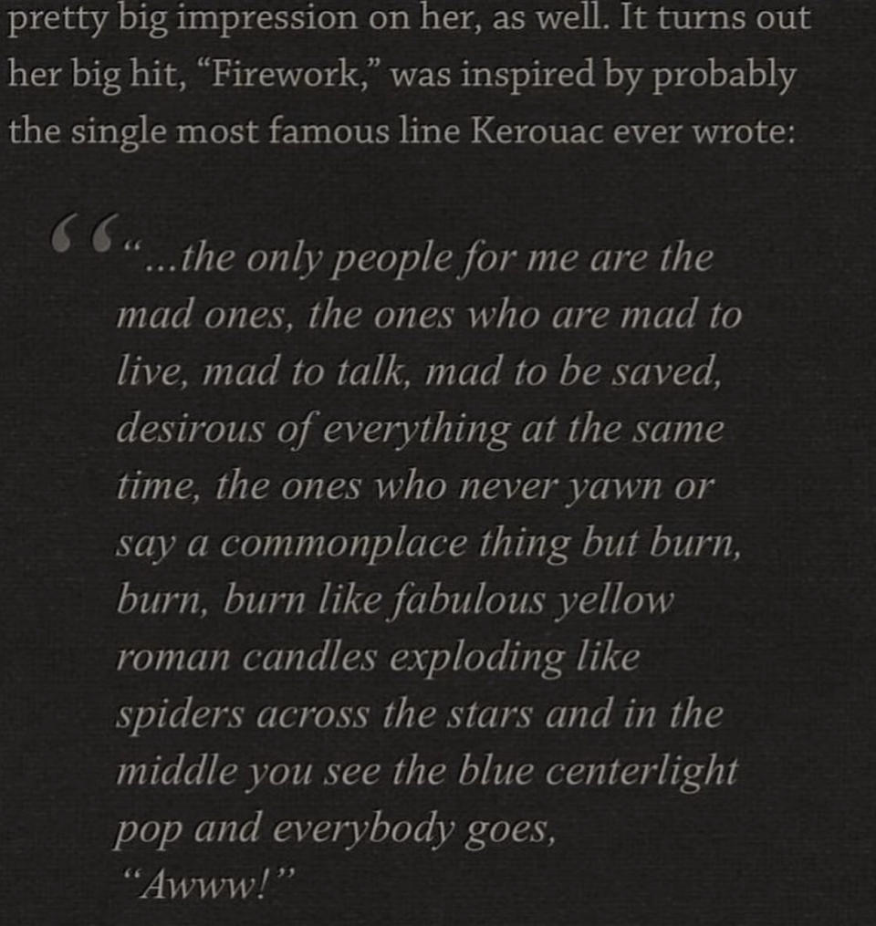 Passage from "On the Road" that reads: "The only people for me are the mad ones, the ones who are mad to live, mad to talk, mad to be saved..."