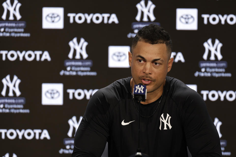 New York Yankees' Giancarlo Stanton speaks to reporters on Thursday, April 7, 2022, in New York. The Yankees will face the Boston Red Sox in a baseball game on Friday. (AP Photo/Adam Hunger)