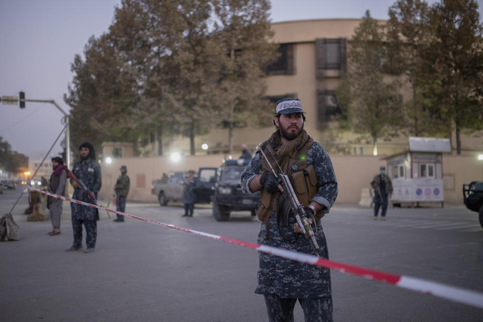 Taliban fighters guard a Serena hotel, which is popular with foreigners, in Kabul, Afghanistan, Tuesday, Oct. 12, 2021. (AP Photo/Ahmad Halabisaz)