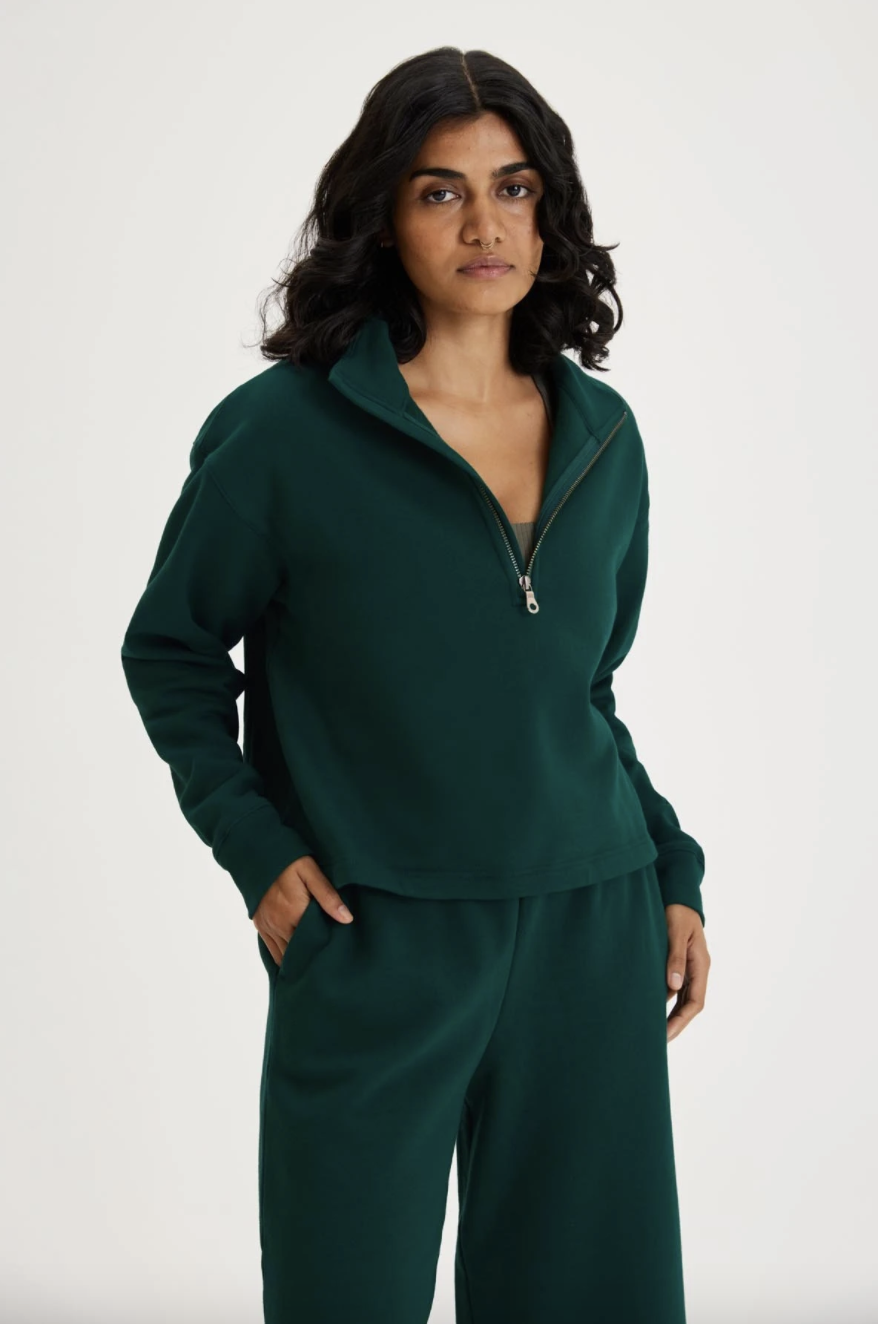 Biome 50/50 Half-Zip Sweatshirt in dark forest green with matching green sweatpants