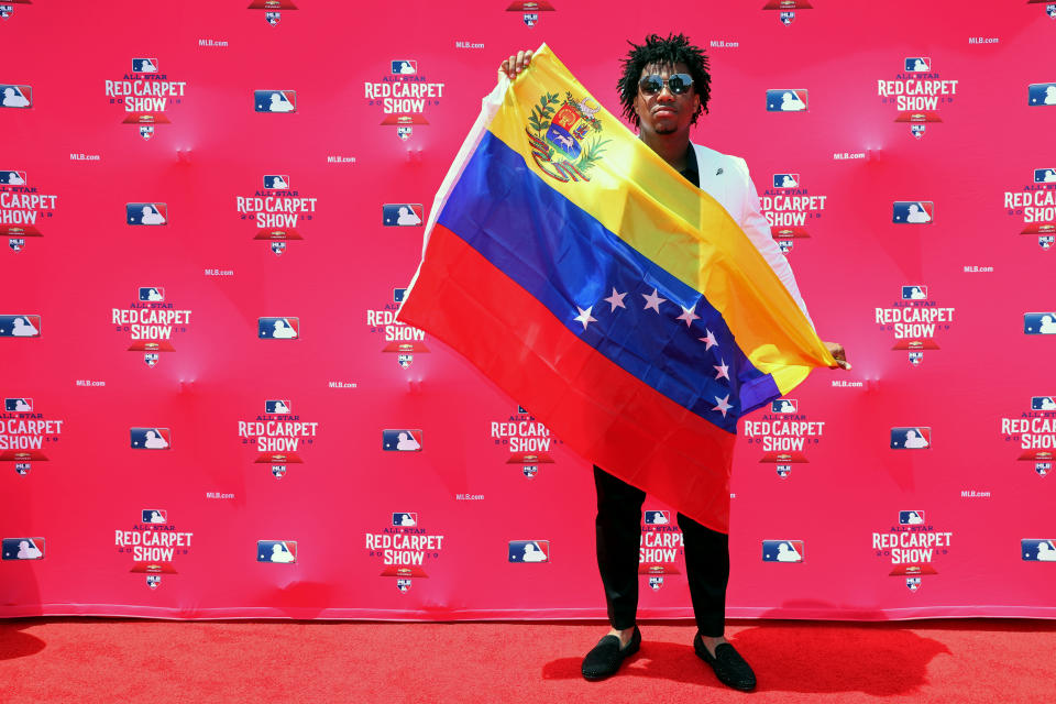 CLEVELAND, OH - JULY 09:  Ronald Acuna Jr. #13 of the Atlanta Braves poses for a photo during the MLB Red Carpet Show presented by Chevrolet at Progressive Field on Tuesday, July 9, 2019 in Cleveland, Ohio. (Photo by Adam Glanzman/MLB Photos via Getty Images)