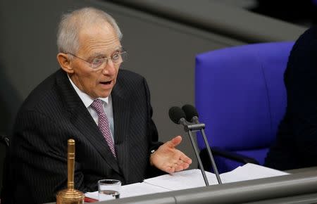 FILE PHOTO: Wolfgang Schaeuble of CDU, president of the Bundestag, German lower house of Parliament, is seen during a session of the Bundestag in Berlin, Germany, November 21, 2017. REUTERS/Axel Schmidt