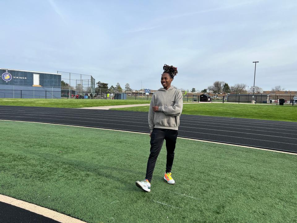 Zariah Burnett eyes the high jump pit and gets set for her run-up during practice at Guilford High School on Wednesday, April 24, 2024, in Rockford.