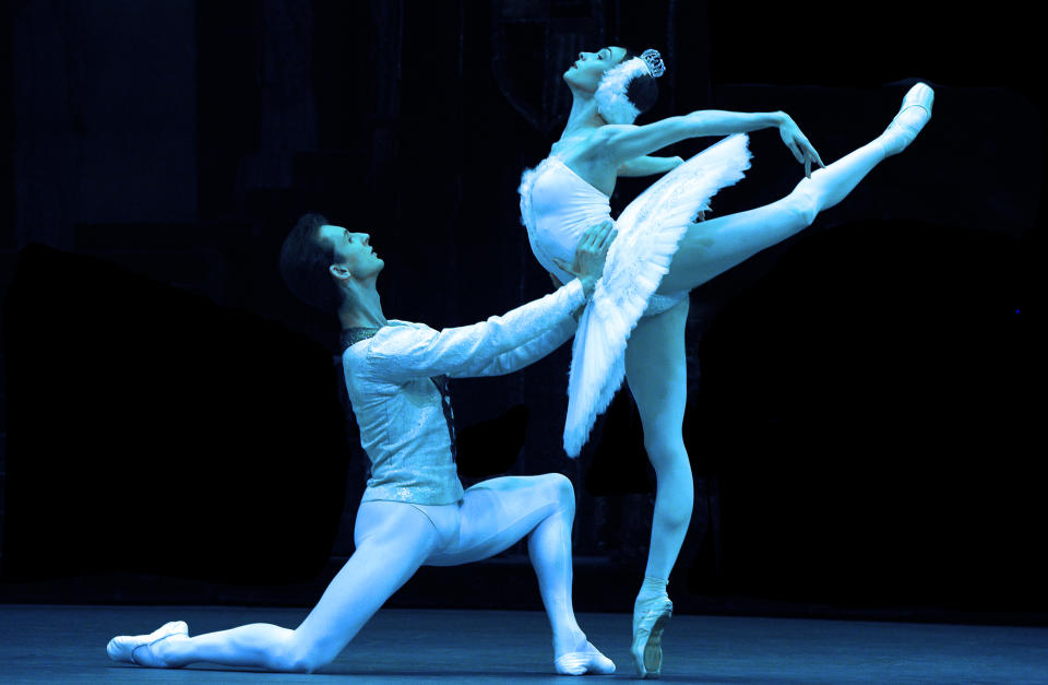 LONDON, ENGLAND - AUGUST 02: Olga Smirnova as Odette/Odile and Semyon Chudin as Prince Siegfried in The Bolshoi Ballet's production of Yuri Grigorovich's adaptation of Marius Petipa and Lev Ivanov's Swan Lake at The Royal Opera House on August 2, 2019 in London, England. (Photo by Robbie Jack/Corbis via Getty Images)