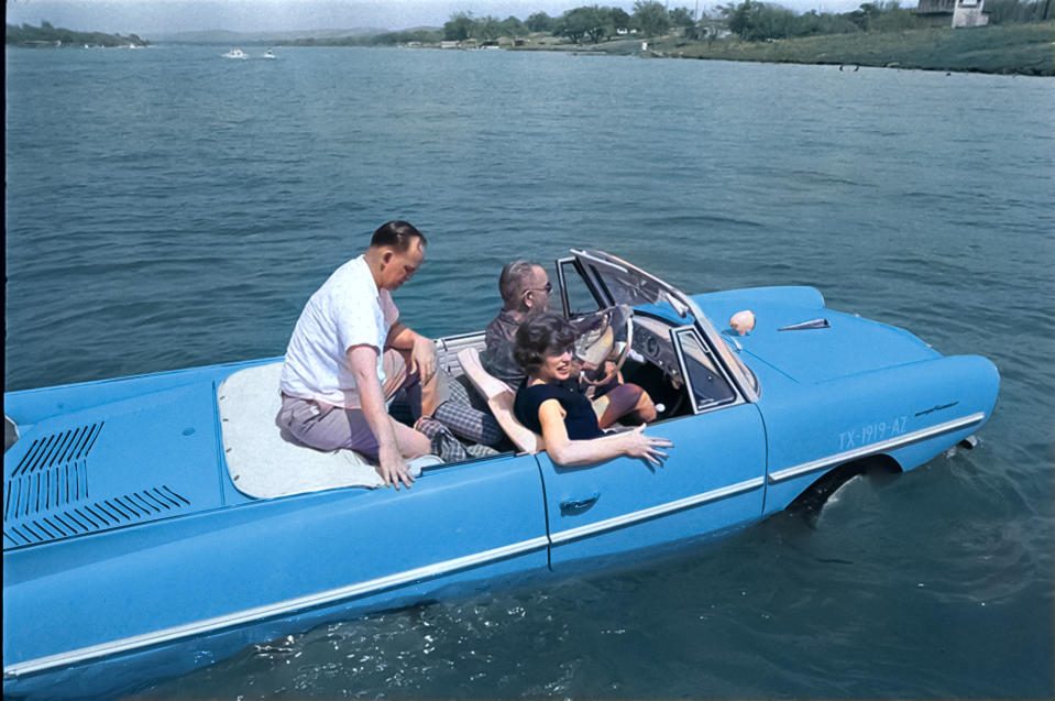 <p><span>The Amphicar is unique in this feature in that it had </span><strong>presidential approval. 3878</strong><span> were built in Germany by this semi-sibling firm of BMW between 1961 and 1968. Powered by a rear-mounted 1.1-litre Triumph Herald engine good for 43bhp, it could do 70mph on land and 8mph on water. </span><strong>Lyndon Johnson</strong><span> owned one and would terrify passengers by pretending the brakes had failed before driving into a lake at his ranch in Texas.</span></p>