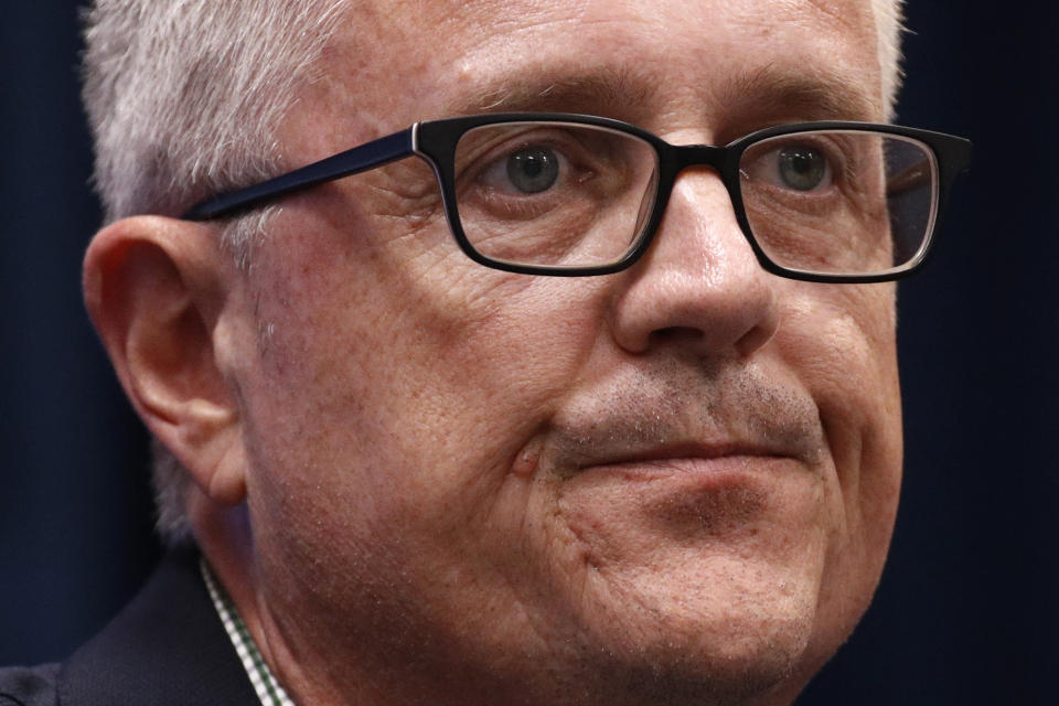 Houston Astros general manager Jeff Luhnow speaks at a news conference Thursday, Oct. 24, 2019, in Washington. The Astros and the Washington Nationals are scheduled to play Game 3 of baseball's World Series on Friday. (AP Photo/Patrick Semansky)