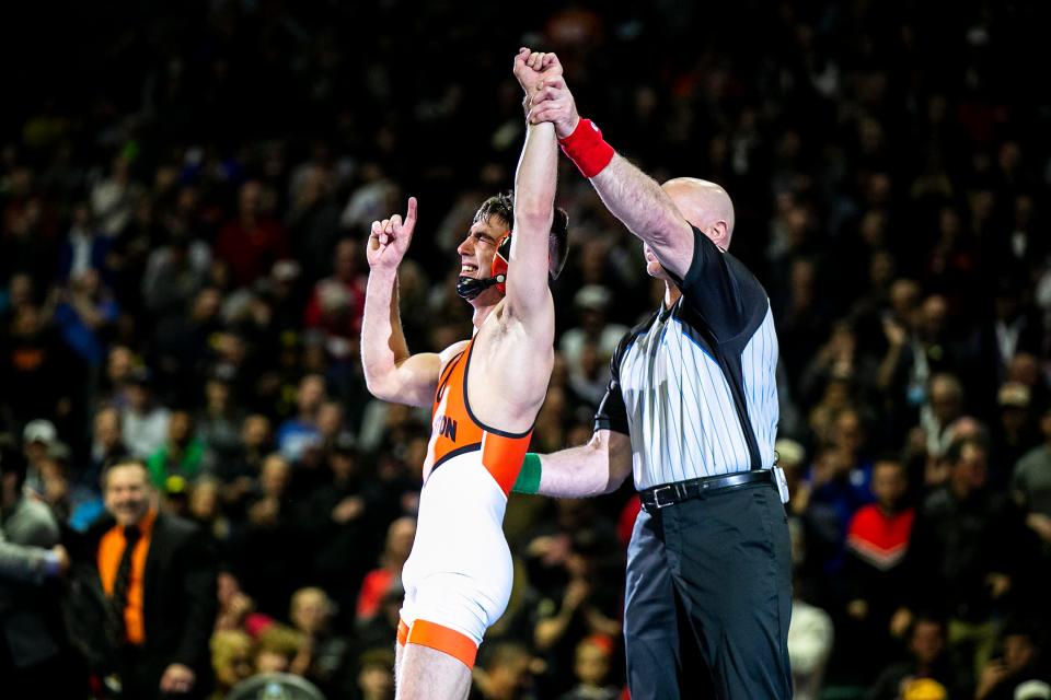 Princeton's Pat Glory celebrates after his match against Purdue's Matt Ramos at 125 pounds in the finals during the sixth session of the NCAA Division I Wrestling Championships, Saturday, March 18, 2023, at BOK Center in Tulsa, Okla.