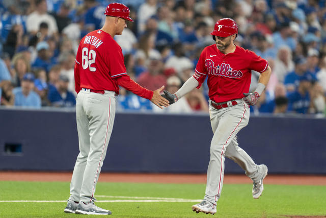 Harper hits 2 solo home runs, Nola pitches 5 innings as Phillies beat Blue  Jays 9-4 - The San Diego Union-Tribune