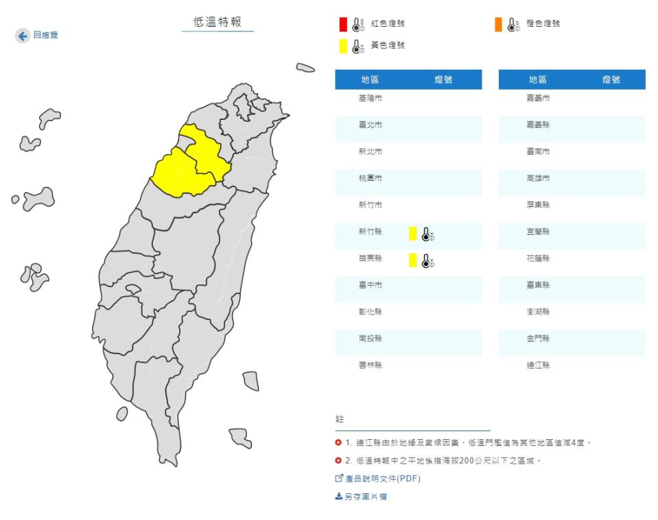 氣象局對新竹縣、苗栗縣發布低溫特報。（圖／中央氣象局）