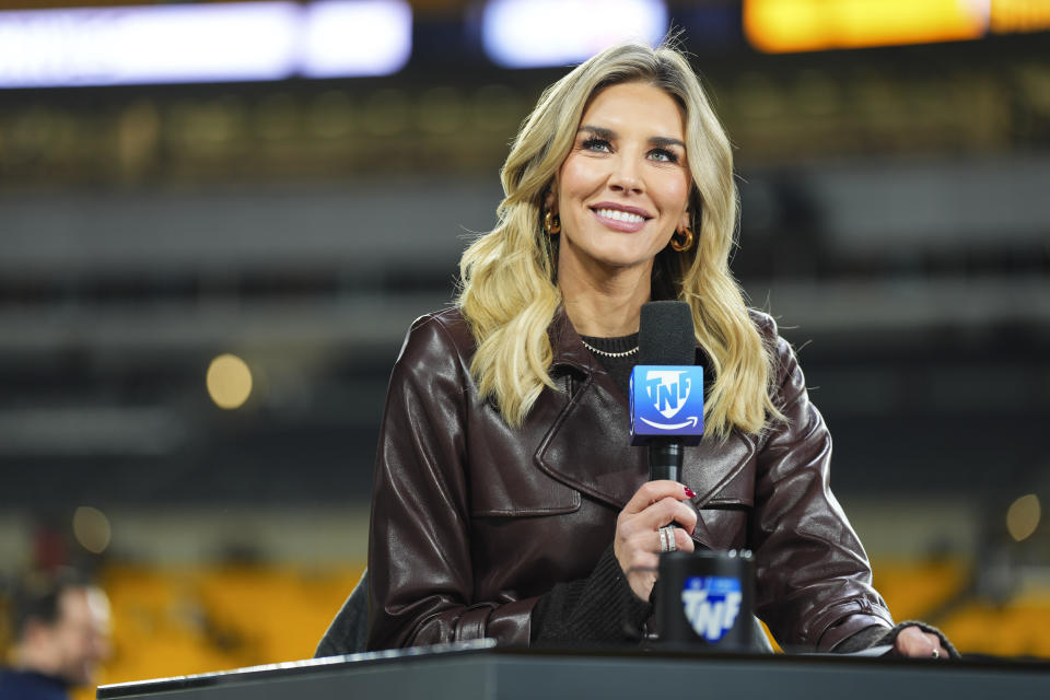 Charissa Thompson on set of the Amazon Prime TNF pregame show prior to an NFL football game between the Tennessee Titans and the Pittsburgh Steelers at Acrisure Stadium on November 2, 2023 in Pittsburgh, Pennsylvania. / Credit: Getty Images