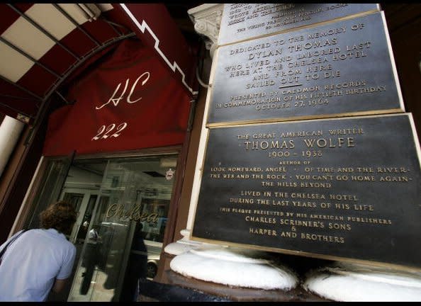 The hotel's front entrance. The landmark hotel is recognized as an American cultural icon and is renowned for the artists, writers and musicians who have lived and created art there, including Sir Arthur C. Clarke, Leonard Cohen, Bob Dylan, Stanley Kubrick, Arthur Miller, Joni Mitchell, Dee Dee Ramone, Larry Rivers, Dylan Thomas, Mark Twain, and Tennessee Williams.          <em>TIMOTHY A. CLARY/AFP/Getty Images</em>