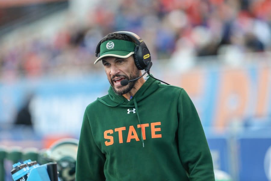 Head Coach Jay Norvell of the Colorado State Rams talks with his fellow coaches during the first half of the game against the Boise State Broncos at Albertsons Stadium on October 29, 2022 in Boise, Idaho. (Photo by Loren Orr/Getty Images)