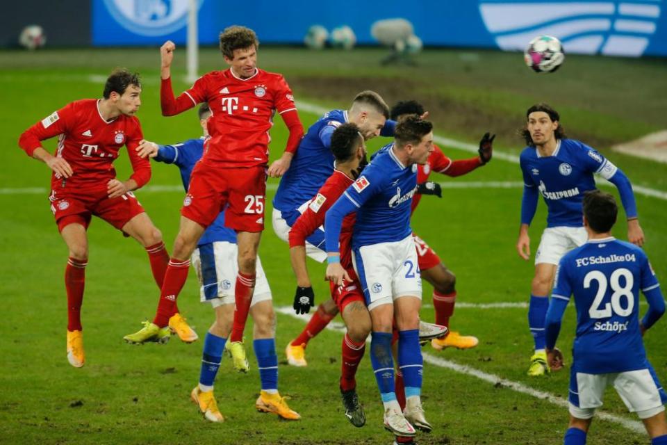 Thomas Müller rises to score for Bayern Munich in a 4-0 win over Schalke in January that followed September’s 8-0 victory against them.