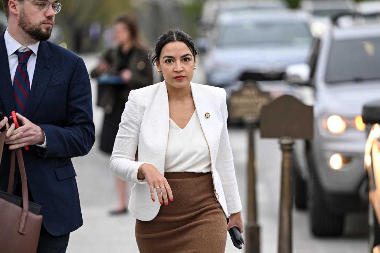 Rep. Alexandria Ocasio-Cortez, (D-N.Y.) outside the Capitol in Washington on Tuesday, April 9, 2024. (Kenny Holston/The New York Times)