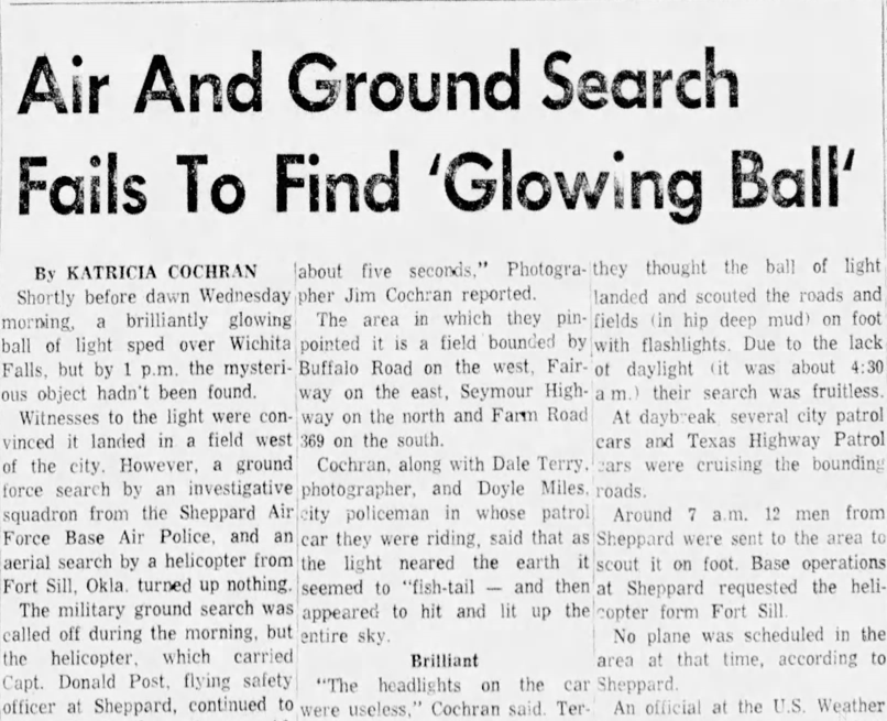 A 'glowing ball' spotted Sept. 28, 1960, in Wichita Falls was investigated by the Air Force's Project Blue Book initiative. The Wichita Falls Times, an afternoon paper, ran this story about the early morning sighting on the same day.