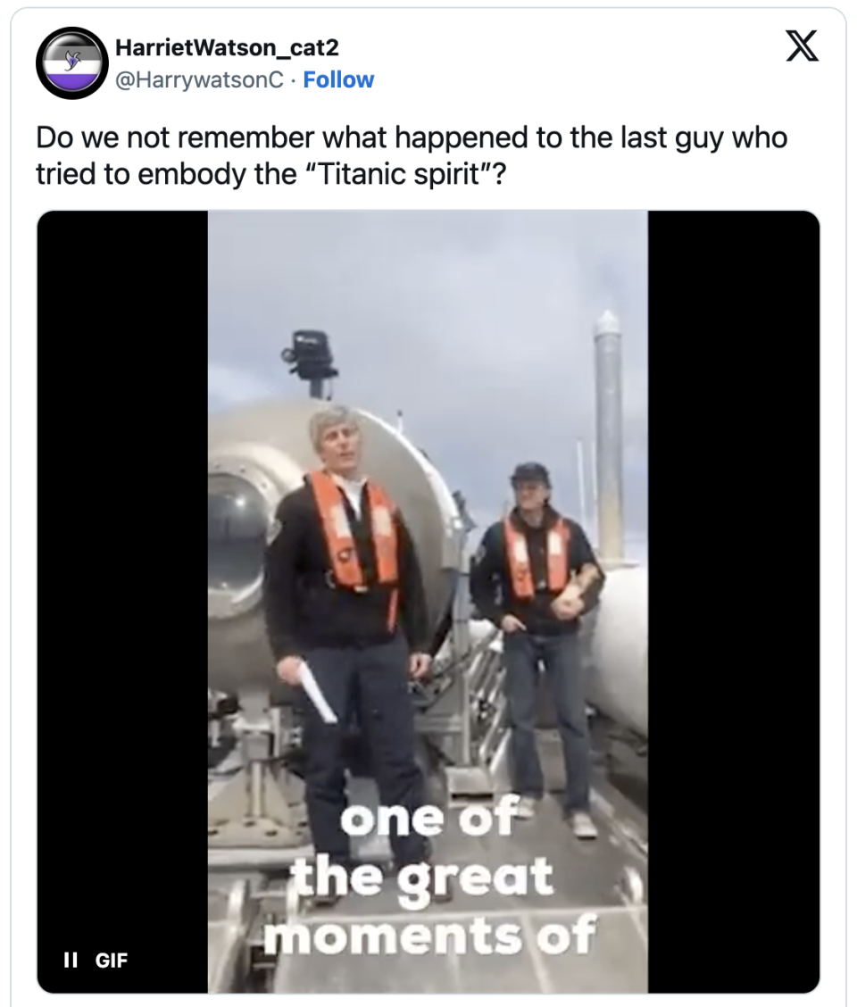 Two men in orange vests stand on submarine; tweet compares them to "Titanic spirit."