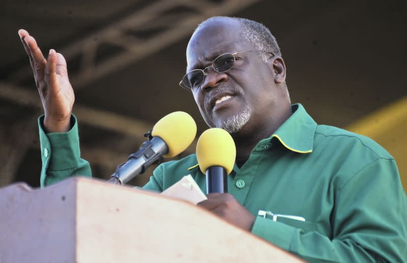 FILE PHOTO: Tanzania's ruling Chama Cha Mapinduzi (CCM) presidential candidate John Pombe Magufuli addresses a campaign rally at Jangwani grounds in Dar es Salaam