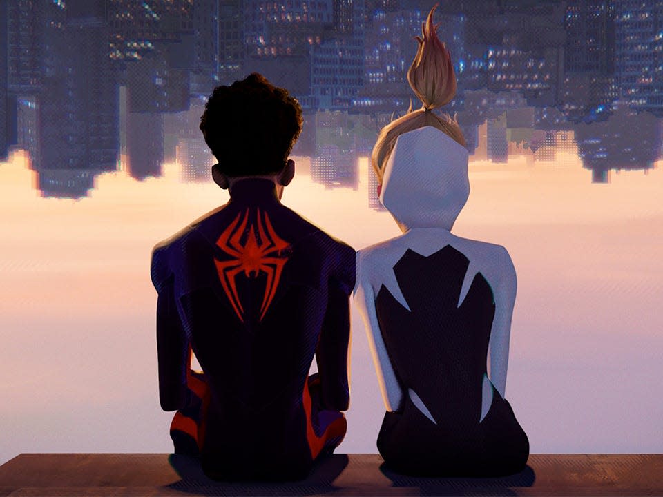 Miles Morales and Gwen Stacy sitting upsidedown