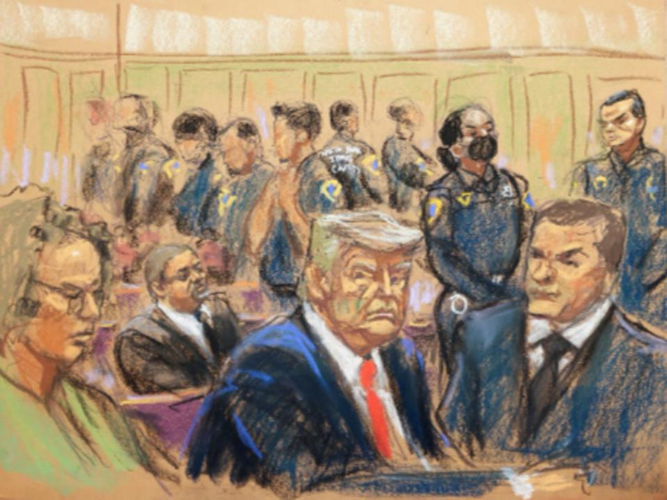 A sketch depicting Donald Trump surrounded by police on the day of his arraignment (Manhattan Courts)