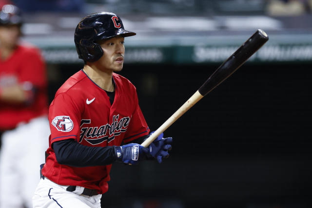 Steven Kwan takes a foul ball off the top of his head