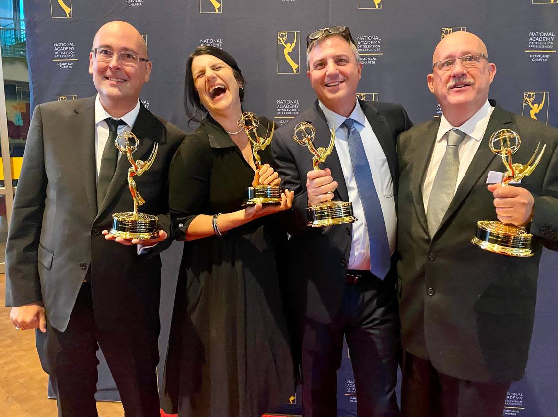 The Wichita Eagle and Kansas.com picked up its first ever Emmy on Saturday in Oklahoma City for the documentary film “Once Was Lost: The 70-Year Search for Chaplain Emil Kapaun.” Pictured are, second from left, The Eagle’s Jaime Green, Travis Heying and Michael Roehrman. Pictured at far left is the film’s music composer, Carter Green.