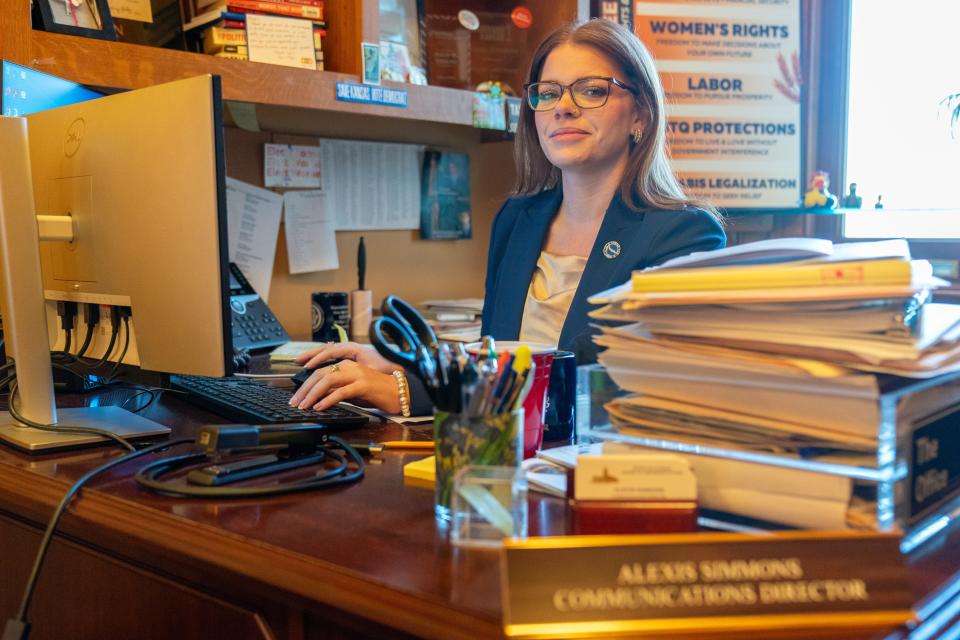 Alexis Simmons, communication director for Kansas House Democrats, works Thursday. Simmons, 28, will be running to replace current Rep. Vic Miller, D-Topeka, after Miller announced he will run for the Kansas Senate.