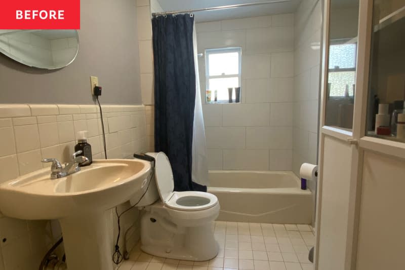 Neutral colored tiled bathroom before renovation