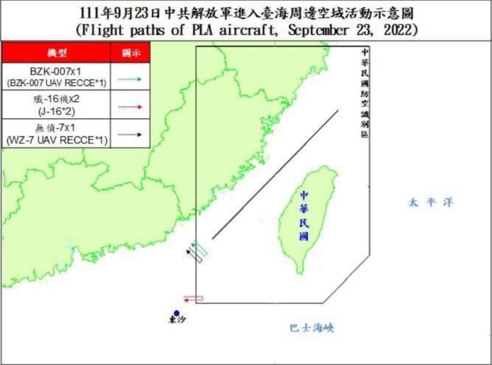 國防部公布23日台海周邊空域空情動態，解放軍4機侵擾西南空域，其中包括殲-16及BZK-007、無偵-7無人機。   圖：國防部提供