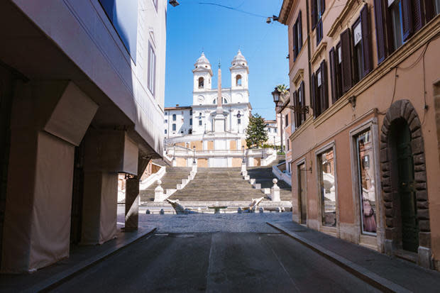 A view from Via dei Condotti of the empty Spanish Steps. / Credit: Annie Ojile