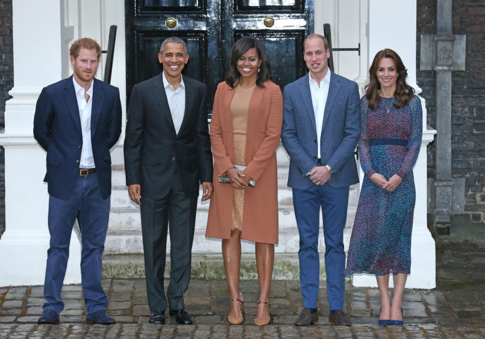 <p>Kate opted to wear her favoured L.K. Bennett for a dinner with Barack and Michelle Obama. Her silk dress featured a subtle leopard print and was paired with a navy belt and suede Rupert Sanderson heels.</p><p><i>[Photo: Getty]</i></p>