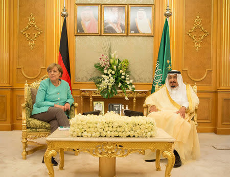 Saudi Arabia's King Salman bin Abdulaziz Al Saud meets with German Chancellor Angela Merkel in Jeddah, Saudi Arabia April 30, 2017. Bandar Algaloud/Courtesy of Saudi Royal Court/Handout via REUTERS