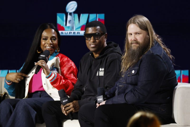 Sheryl Lee Ralph, Babyface and Chris Stapleton, from left to right, attend the Super Bowl LVIII pregame and halftime show press conference in February. File Photo by John Angelillo/UPI
