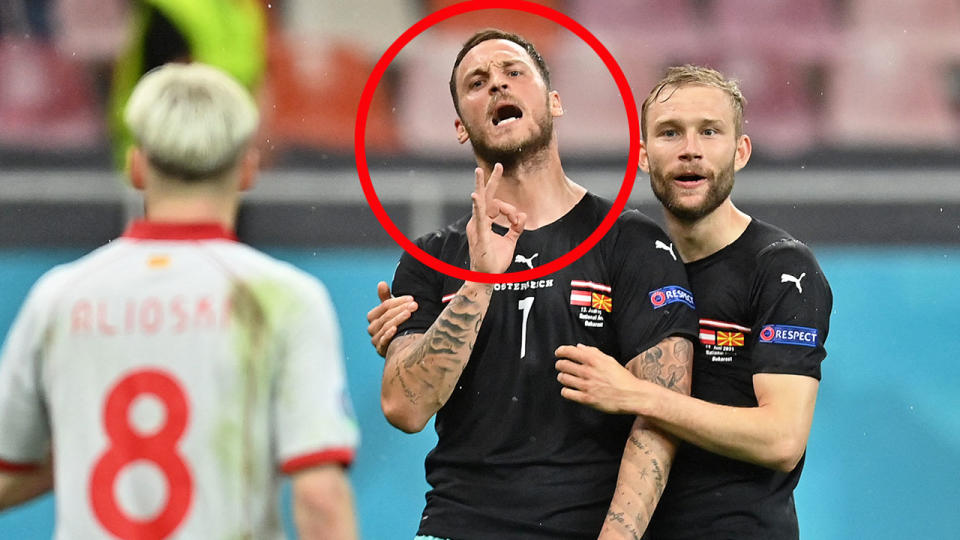 Marko Arnautovic is seen here insulting a North Mecedonian player at Euro 2020.