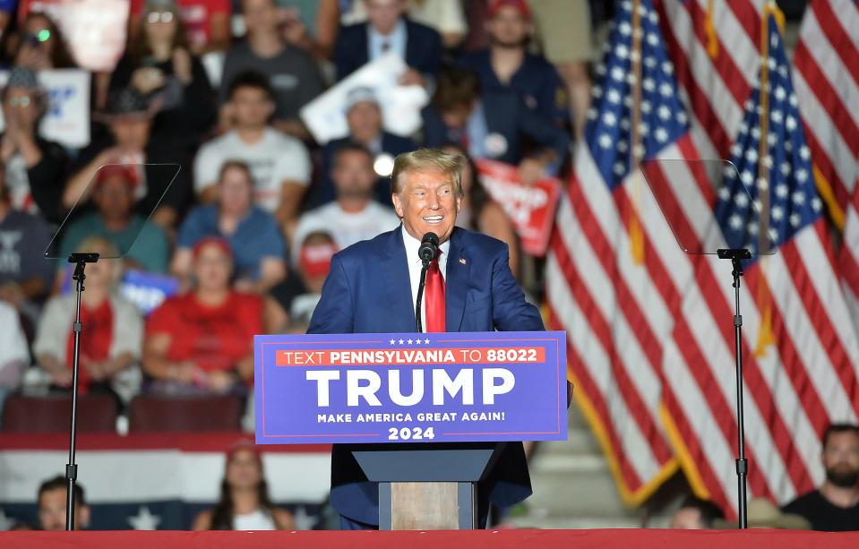 Former U.S. President Donald Trump speaks during a campaign rally in Erie on July 29, 2023.