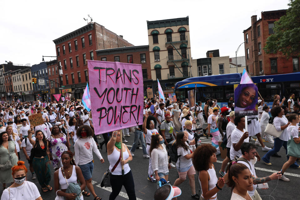 Marchers during the Brooklyn Liberation Group's Protect Trans Youth event on June 13, 2021 in New York City. / Credit: Michael M Santiago/GettyImages