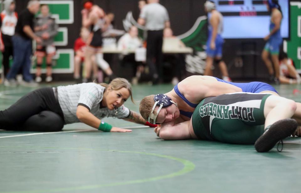 Lars Michaelson pins Port Angeles’s Quinn Messersmith during the 9th annual Keigen Langholff memorial wrestling tournament at Klahowya on Saturday, Jan. 27, 2024.