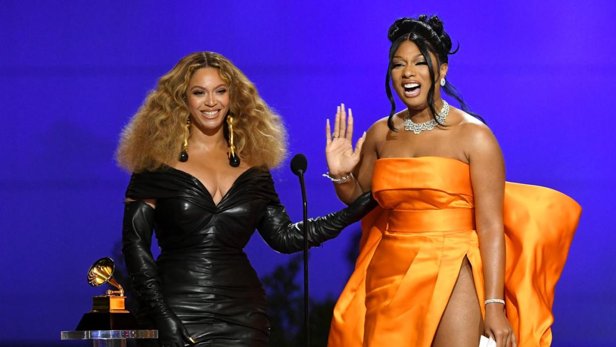 los angeles, california march 14 l r beyonce and megan thee stallion accept the best rap performance award for savage onstage during the 63rd annual grammy awards at los angeles convention center on march 14, 2021 in los angeles, california photo by kevin wintergetty images for the recording academy