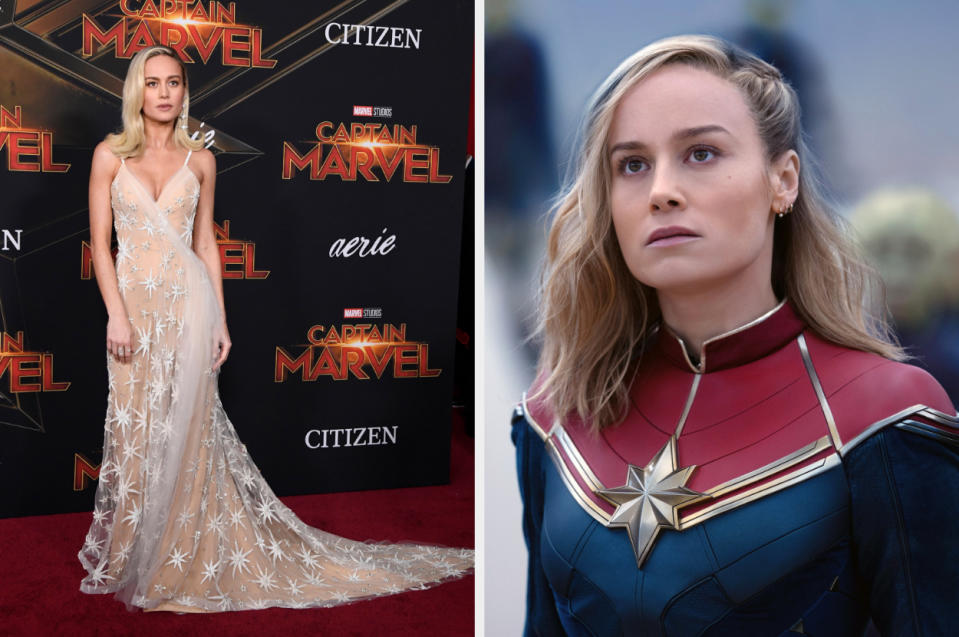 Side-by-side of Brie Larson and Captain Marvel