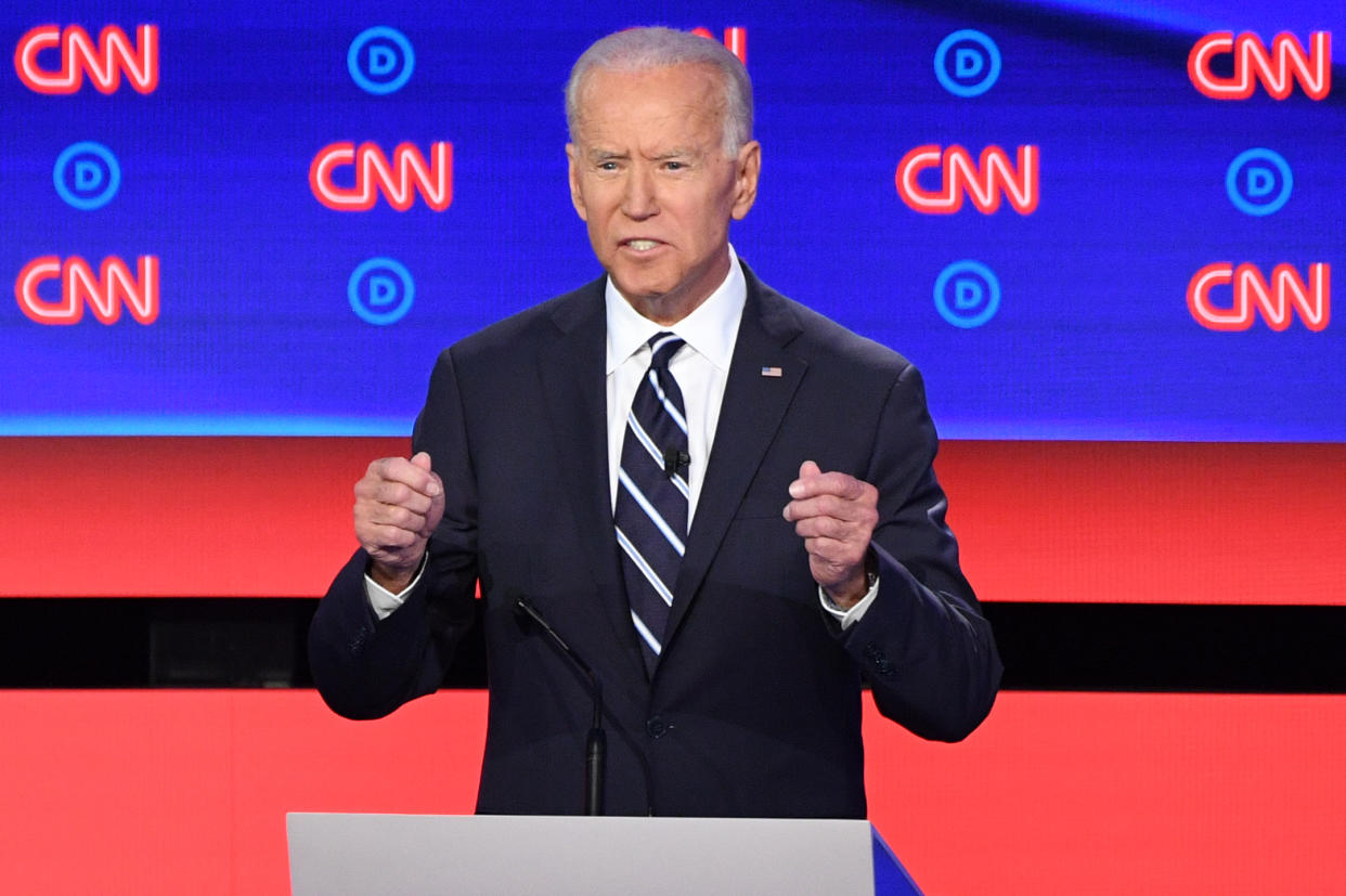 Democratic presidential hopeful former Vice President Joe Biden gestures as he speaks during the second round of the second Democratic primary debate of the 2020 presidential campaign season hosted by CNN at the Fox Theatre in Detroit, Michigan on July 31, 2019. (Photo by Jim WATSON / AFP)        (Photo credit should read JIM WATSON/AFP/Getty Images)