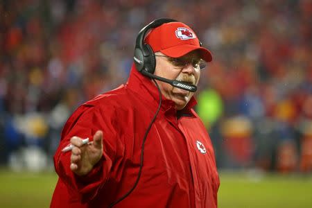 FILE PHOTO: Jan 12, 2019; Kansas City, MO, USA; Kansas City Chiefs head coach Andy Reid during the third quarter against the Indianapolis Colts in an AFC Divisional playoff football game at Arrowhead Stadium. Mandatory Credit: Mark J. Rebilas-USA TODAY Sports