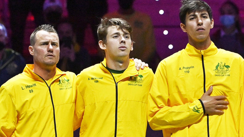 Lleyton Hewitt, pictured here with Alex de Minaur and Alexei Popyrin at the Davis Cup finals.