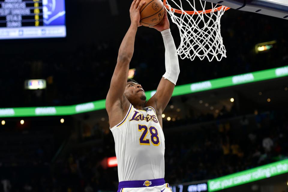 Los Angeles Lakers forward Rui Hachimura dunks during Game 1 against the Memphis Grizzlies.